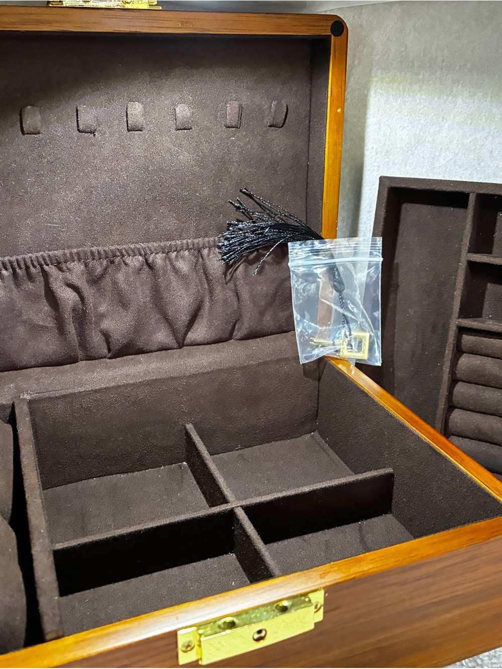 Vintage Wood Jewelry Organizer Box with Black Interior